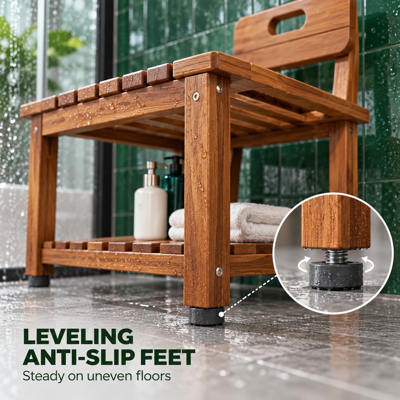 23.4 Inch Acacia Wood Shower Chair with Removable Backrest, 450