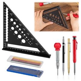 Aoreun Carpenter's Square, Multifunctional Carpenter's Square, 18 cm, Metric with Deep Hole Marker, Protractor, Try Square Including Pencil Leads, Grain Tool, Metal Pen, Carpenter's Pencil