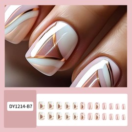 24Pcs Short Press on Nails Square RTKHFZE Fake Nails Pink Full Cover Press On False Nails with Gold Swirl Designs Artificial Nails Glossy Acrylic Nails Stick on Nails for Women Girls