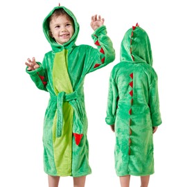 LOLANTA Kids Robe Boys Girls Dinosaur Plush Fleece Hooded Bathrobe with Belt Animal Soft Sleepwear(Green,XS/4-5T)