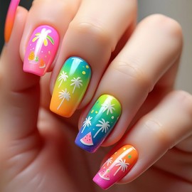 24PCS Summer Press on Nails Medium Square Fake Nails Gradient False Nails with Coconut Tree Watermelon Design Acrylic Nails Glossy Stick on Nails Glue on Nails for Women Beach Vacation Nails
