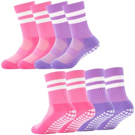 ELUTONG Girls Socks with Grip Kids Youth Soccer Non Slip Sock 4 Pack Athletic Striped Grippy Crew Socks for Girls Boys
