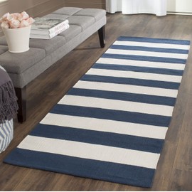 SAFAVIEH Montauk Collection Runner Rug - 2'3" x 7', Navy & Ivory, Handmade Flatweave Cotton, Woven Texture, Farmhouse Stripe Pattern, Ideal for Bedroom, Kitchen, Hallway (MTK712H)