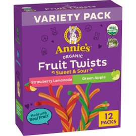 Annie's Organic Sweet and Sour Fruit Twists, Strawberry Lemonade and Green Apple Fruit Flavored Snacks, Variety Pack, 12 Count, 7.68 oz