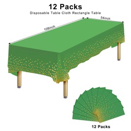 Ammbeetty 12 Packs Green and Gold Rectangle Plastic Disposable Tablecloth, 54 x 108 Inch Plastic Table Cloth Rectangle Table Disposable for Birthday Graduation Christmas Festivals Party Decorations
