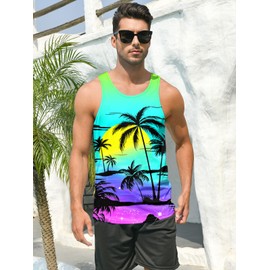 RAISEVERN Mens Tank Tops Summer Workout Sleeveless Shirt Cool Hawaiian Tropical Novelty Palm Coconut Tree Graphic Muscle Holiday Tee Gym Athletic Training Sports Beach Surf Undershirts