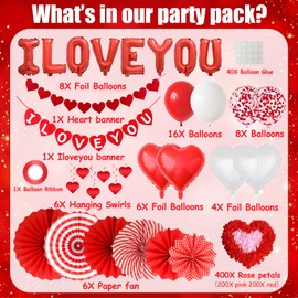 Valentines Decorations I Love You Balloons - Valentine Day Decor Romantic Heart Banner Garland Red Rose Petals Paper Fan, Hanging Swirl for Anniversary Wedding Engagement Proposal Party