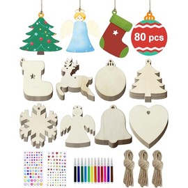 80 Pcs Wooden Christmas Ornaments, Hanging Christmas Tree Decorations Set, Pens, Gem and Star Stickers, Unfinished Wooden Christmas Decorations Wooden Baubles Slices for Kids DIY Crafts Xmas Gifts