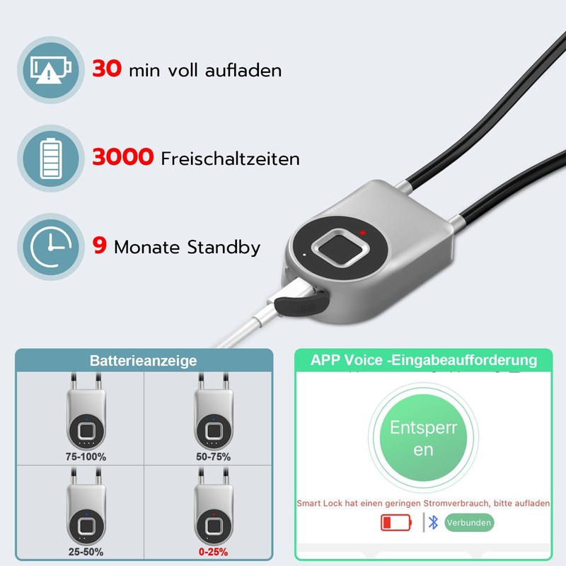 Eseesmart Fingerprint Padlock, Cable Lock, Fingerprint with App, 35.6 cm