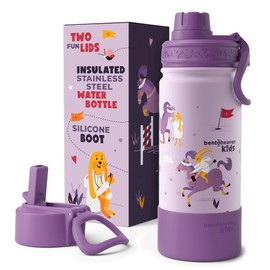 Ello Kids Colby Botella de agua aislada de acero inoxidable de 12 onzas con popote y posavasos de silicona integrados, asa de transporte y tapa de blo