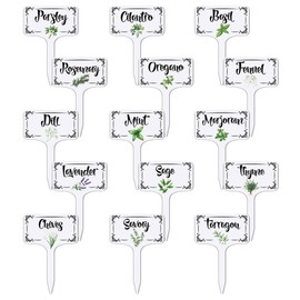 arricraft 15 Pcs White T-Shaped Acrylic Plant Labels with Floral Border Herb Theme Waterproof Garden Stake Labels for Indoor Outdoor Potted Plants Nursery Marker Decoration