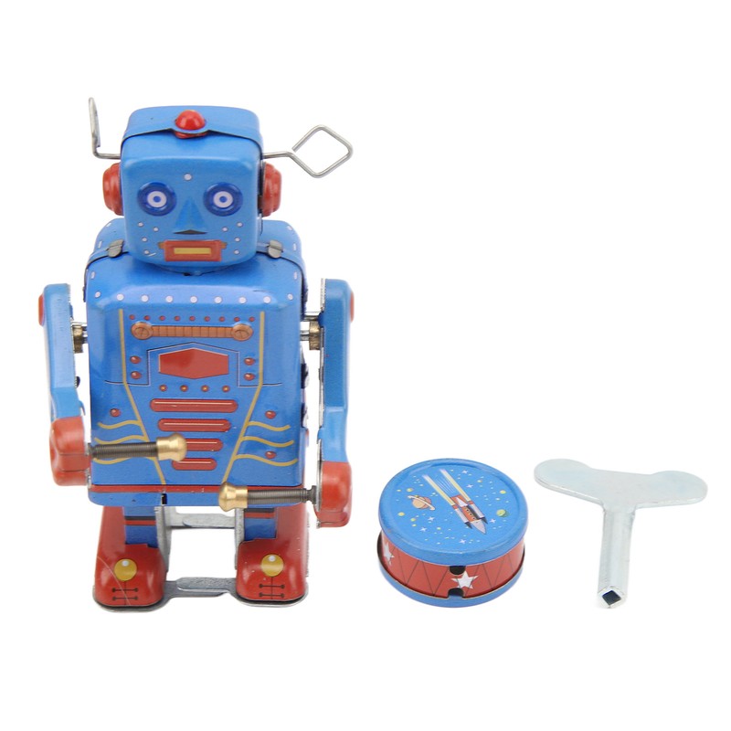 Clockwork Drumming Robot Toy Tinplate Retro Hand Made Drum Wind