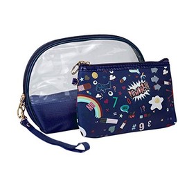 Emartbuy Travel Cosmetic Essentials Set of 2 Water Resistent Transparent Make Up Bag Toiletry Case Wash Organiser Storage Pouch Kit - Printed Blue