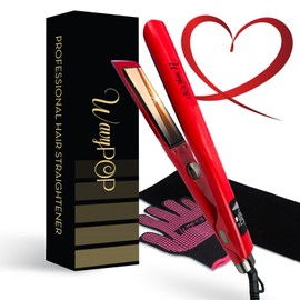 WAVYPOP PRO Flat Iron Hair Straightener & Curling Wand Digital 2 in 1 Titanium RED 1.25" | Professional Straightening Hair Iron with Ceramic Heater and Auto Shut Off | Dual Voltage & Adjustable Temp