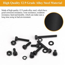 565 Pieces M2.5 Screws Nuts Washers Set Black, Sutemribor M2.5 x 4/6/8/10/12/16/20mm Hex Socket Head Cap Screws Nuts Washers Assortment Kit, 12.9 Grade Alloy Steel, Fully Threaded