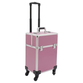 Rolling Makeup Train Case, Professional Aluminum Trolley Cosmetic Train Case with 360° Rotation Wheels & Key, Barber Case Traveling Cart for Nail Technicians Cosmetology Case for Hairstylist, Pink