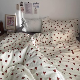 Nayoroom Bed Linen Cotton 135 x 200 cm Hearts Aesthetic Duvet Cover with Pillowcase 80 x 80 cm White with Red Hearts Bed Linen Set with Zip