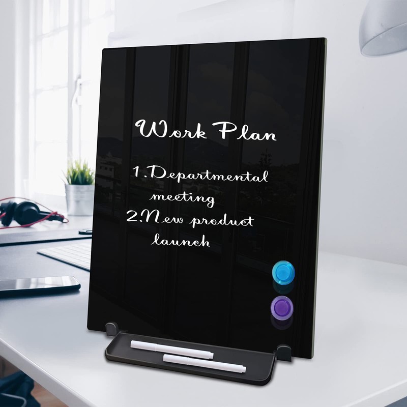 Black Magnetic Glass Board Desktop Easel, 16x12 Black Dry Erase