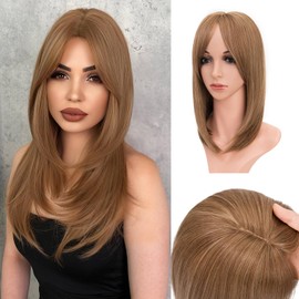 Hair Toppers,TESS Synthetic Hair Toppers for Women with Thinning Hair,Long Straight Hair Topper with Bangs,6″*6″Large Silk Base Clips in Hair Toppers 14" Golden Brown Mixed Bleach Blonde