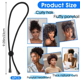 6PCS Adjustable Hair Ties for Curly Hair, Black No Damage Puff Cuff Long Bungee Hair Ties Natural Hair Headbands Accessoriesfor Afro Puffs Ponytails Braids Pineapples Black Women and Girls