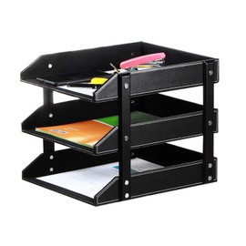 YAPISHI Letter Trays Leather Desk File Organizer, 3-Tier Shelves Document Paper Holde...