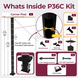 CHR Fence & Rail Cable Railing Post Set, 2pcs Black Cable Railing Corner Post, 36 inch Powder Coated Fence Post, Metal Posts for Cable Railing Sytem, Deck Railing, Porch, Indoor or Outdoor (36")