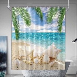 DePhoto Beach Shower Curtain Ocean Theme Starfish Seacoast Seashell Conch Palm Leaves Summer Coastal Scenic Fabric Bathroom Curtains Bathtub Decoration 72x72 Inch