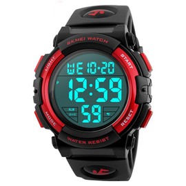 Timever Digital Wrist Watch, Waterproof, Men’s, w/Stopwatch, LED Watch, Running Watch, Sports Watch, light red