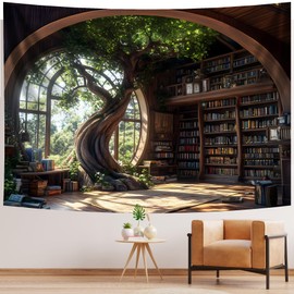 NYZE Library Tapestry Wall Haning, Magic School Bookshelf Tapestry Study Room Picture Large Book Tree House Medieval Tapestries Dorm Wall Art for Home Decor 90x70in