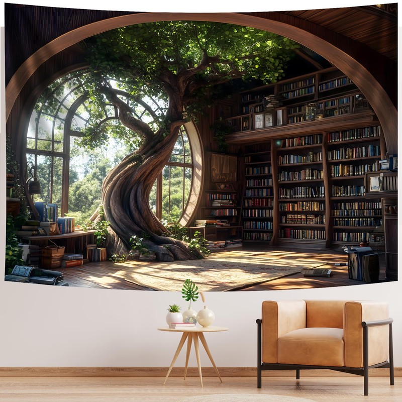 NYZE Library Tapestry Wall Haning, Magic School Bookshelf Tapestry Study