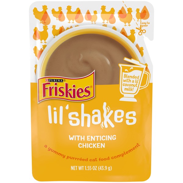 Purina Friskies Pureed Cat Food Topper, Lil’ Shakes with Enticing Chicken Lickable Cat Treats - (16) 1.55 Oz. Pouches
