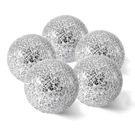 v2croft 3 Inch Decorative Orbs Glass Balls Set of 5, Mosaic Sphere Globe for Whole Housewares, Wedding, Birthday, Bowls, Vases Dining Table Centerpieces (Silver)