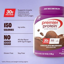 Premier Protein Powder, Chocolate Milkshake, 30g Protein, 1g Sugar, No Soy, Gluten Free, 41.9oz (29 Servings)
