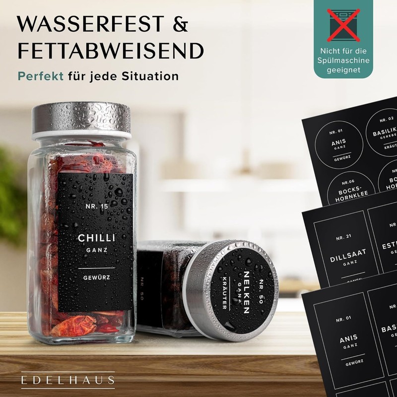 Glass Spice Jars with Labels and Steel Lids (24 x