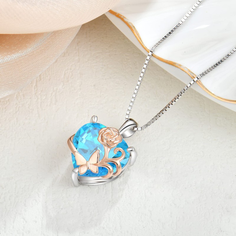 YL Pink Heart Necklace 925 Sterling Silver Butterfly Pendant Chain