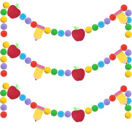 2 Pcs Pencil Apples Felt Ball Banner Classroom Back to School Pom Pom Ball Garland Colorful Handmade Felt Ball Garland Pencil Apples Hanging Garland for First Day of School Party Classroom Decoration