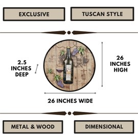 Touch of Class Villa Metal and Wood Wine Bottle and Grapes Wall Art - Brown - Round Art for Kitchen, Dining Room, Vintage Cellar - Vineyard Design