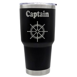 Palm City Products Premium 30 oz Captain Theme Black Tumbler with Slider Lid - Insulated Travel Mug Engraved with Ship’s Helm for Captain Gifts, Boat Lovers, Boaters, Nautical Enthusiasts