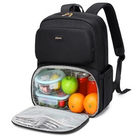 LABOMO Lunch Backpack for Women Work: Men 16 Inch Laptop Backpack with Insulated Leak Proof Lunch Compartment Large Picnic Lunchbox Bag Meal Prep Bookbag for Nurse Teacher Commuter Travel Black