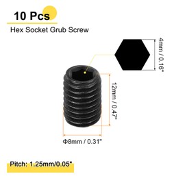 sourcing map 10Pcs Hex Socket Grub Screw, M8x12mm 304 Stainless Steel Head Socket Set Screws Flat Point Grub Bolt for Door Handles, Light Fixture Repair, Black