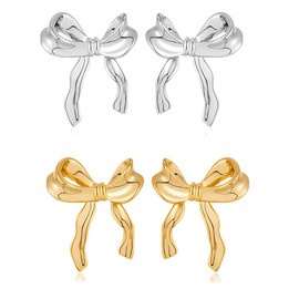 xlwen 2 pairs of bow earrings, gold silver bow stud earrings, bow stud earrings, ideal for matching shirts, pleated skirts, dresses, T-shirts or sweaters., Copper plated with real gold