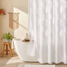 Lameirose White Shower Curtain Lace Shower Curtain Sheer Tufted Tropical Plant Textured Shower Curtains, Shabby Chic Home Decor for Bathroom 72 x 72