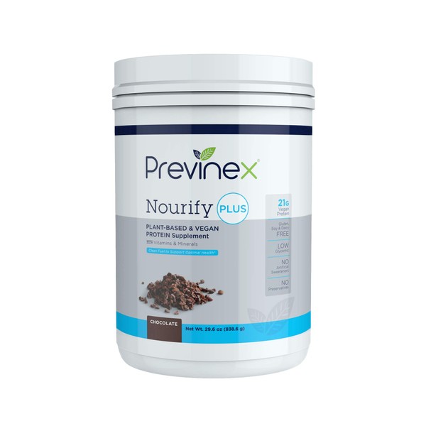 Previnex Nourify Plus Plant Based Protein Shake - All Natural Vegan Protein Powder, High Protein & Low Sugar, Gluten Free, Soy Free & Dairy Free, Chocolate (29.3 oz)