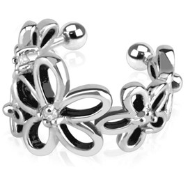 Bungsa® Flower Ear Cuff Stud Earrings with Stone Earring Conch Fake Piercing Clip-On Rhodium