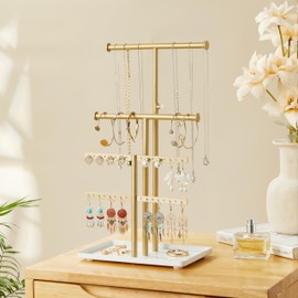 Jewelry Holder Organizer Necklace Display: Metal Aesthetic Room Decor Tree Stand for Necklace Bracelet Hanger and Earrings Storage beautiful jewelry tower for mom wife girlfriend (Gold)