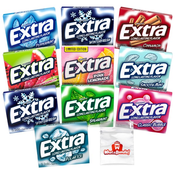 Extra Gum Variety Pack of 9 Flavors - Extra Gum Bulk Pack of 10 Packs of Sugarless Gum - Chewing Gum Sugar Free Gum Pack - WhataBundle! Variety Pack with Pocket Bag