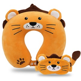 MissSoul Reisekissen, Kinder-Reisekissen mit Schlaf-Augenmaske, weiches Memory-Schaum-Nackenkissen für Kinder, Jungen & Mädchen, Teenager, Reisezubehör für Flugzeug – Löwe-Nackenkissen