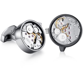 Honey Bear Mens Vintage Watch Movement Cufflinks with Gift box-Working, Round (Black)