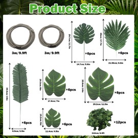 50 Pcs Jungle Theme Party Decorations Tropical Rainforest Leaves with 2 10ft Artificial Safari Rattans 36 Tropical Palm Fake Leaves Jungle Vines for Forest Jungle Dinosaur Party Indoor Outdoor Decor