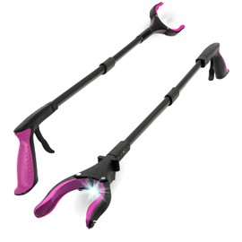 Grabber Reacher Tool-Long 32 Inch Aluminum Foldable Pick Up Stick-Strong Grip Shelves LED Light Magnetic Tip, Lightweight Trash Picker Claw Reacher Grabber Tool for Elderly (32" 2-Pack, Pink)